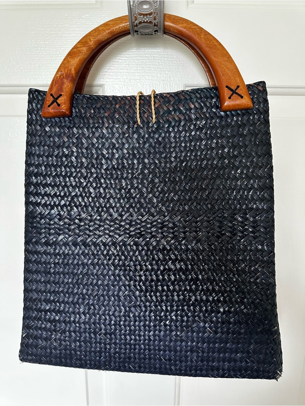 Black Woven Tote Bag with Wooden Handles